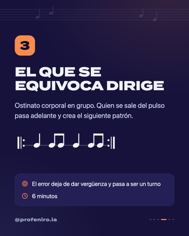 Slide: El que se equivoca dirige. Un ostinato de negras y corcheas entre barras de repetición.